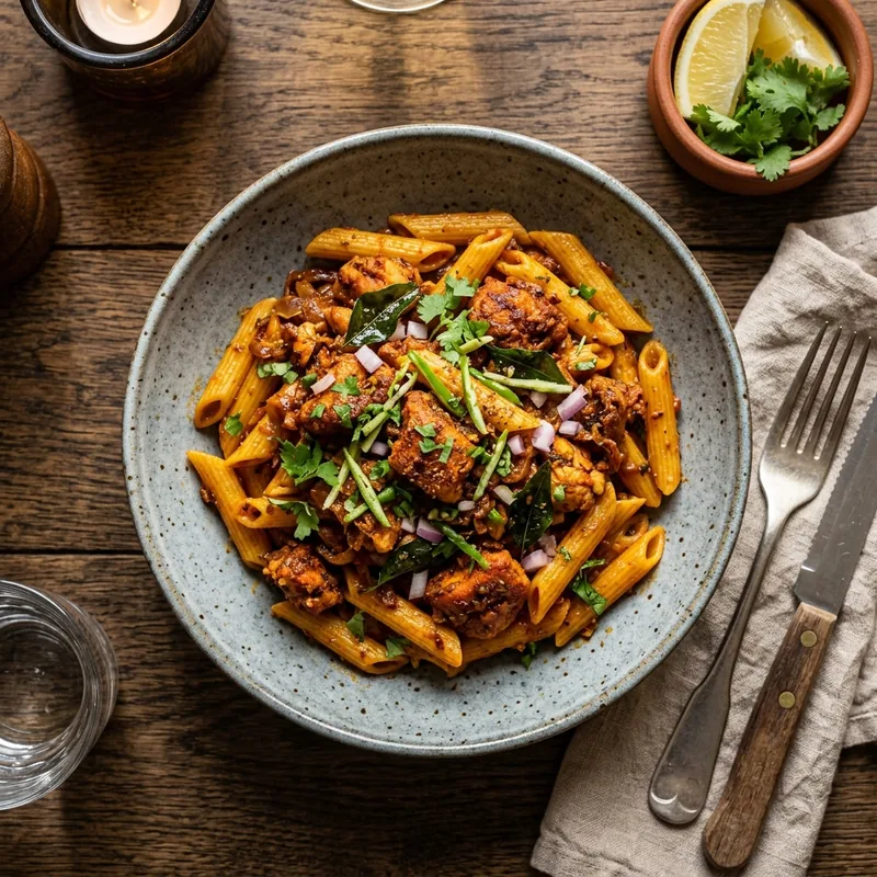 Chicken 65 Pasta — Indian indo-fusion dish served ready to eat