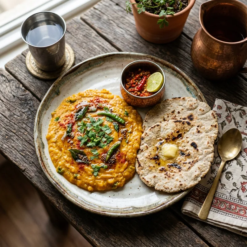 Jowar Bhakri with Pithla — Indian lunch dish served ready to eat
