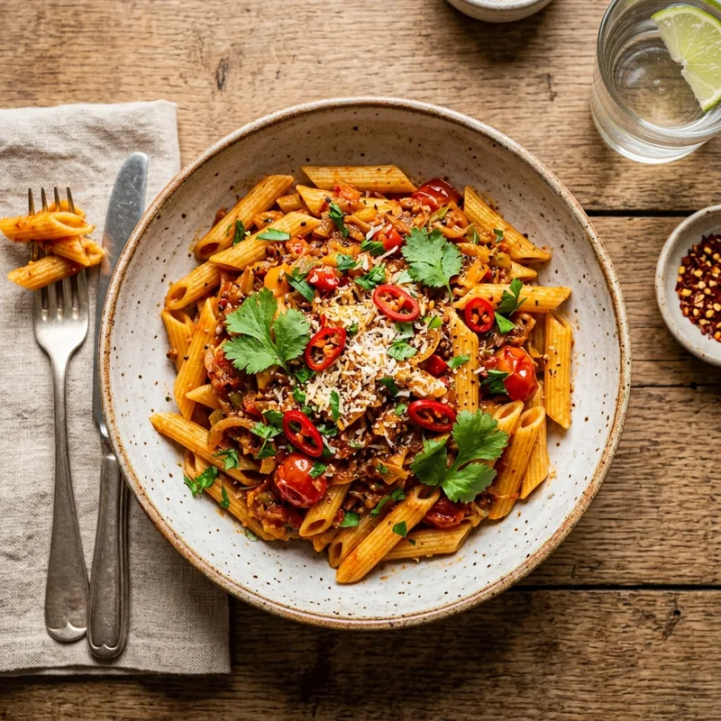 Masala Pasta Arrabbiata — Indian indo-fusion dish served ready to eat