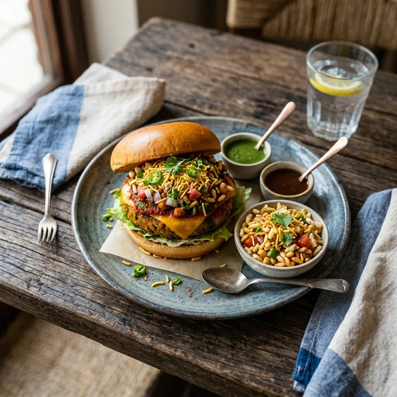 Spicy Bhel Burger — Indian indo-fusion dish served ready to eat
